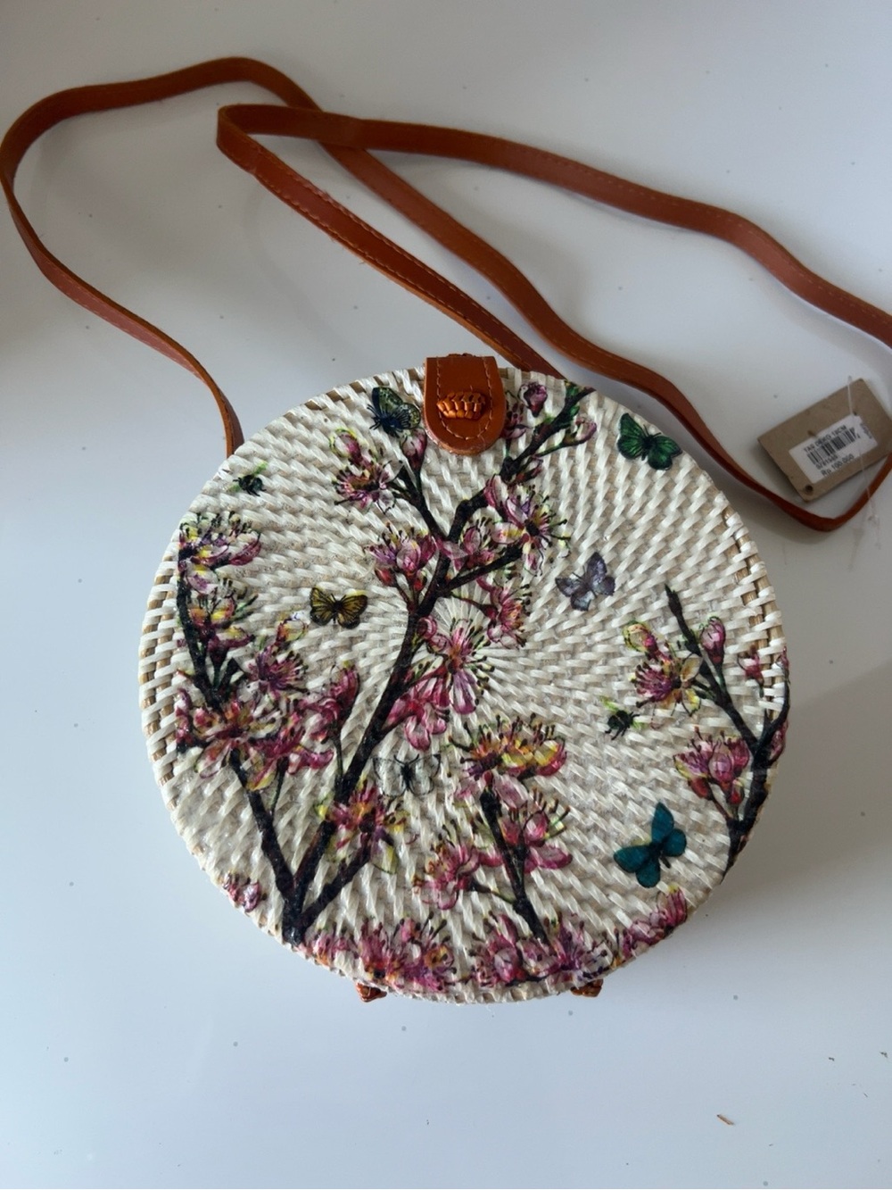 Handmade Bali Round Rattan Crossbody Bag Floral Butterfly Boho Summer Purse - Picture 2 of 8